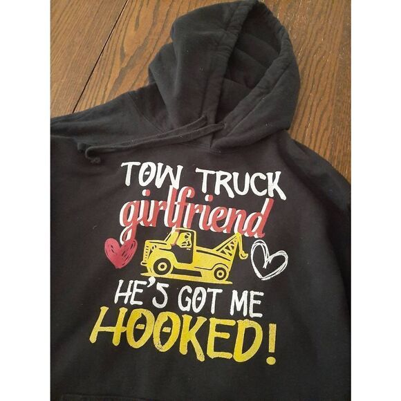 Large Tow Truck Girlfriend Got Me Hooked Long Sleeve Pullover Hoodie Sweatshirt - Picture 3 of 4